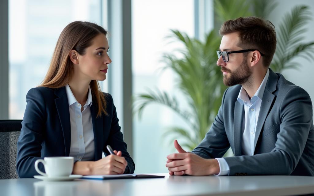 A person receiving focused one-on-one consulting advice in a bright office.