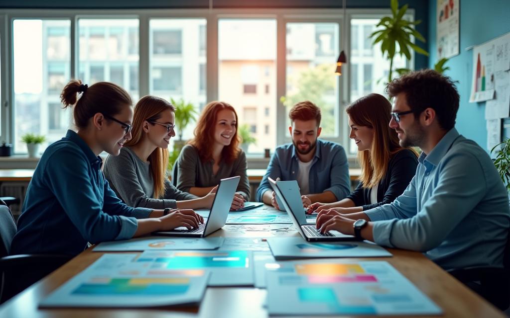 A team in a modern startup office collaborating around a table.